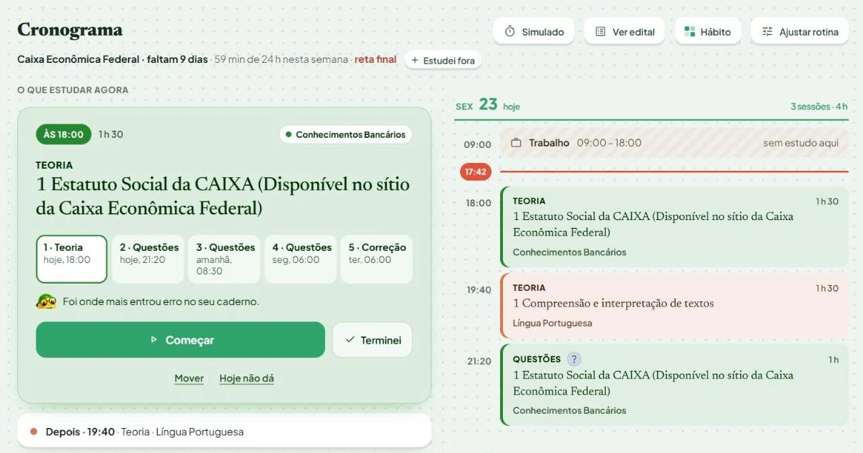 O cronograma do Bonelim para o concurso da Caixa: o que estudar agora, as etapas do tópico e as sessões do dia, com teoria e questões.