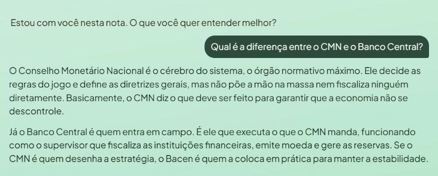 O chat do Bonelim a responder qual é a diferença entre o Conselho Monetário Nacional e o Banco Central, a partir da anotação.