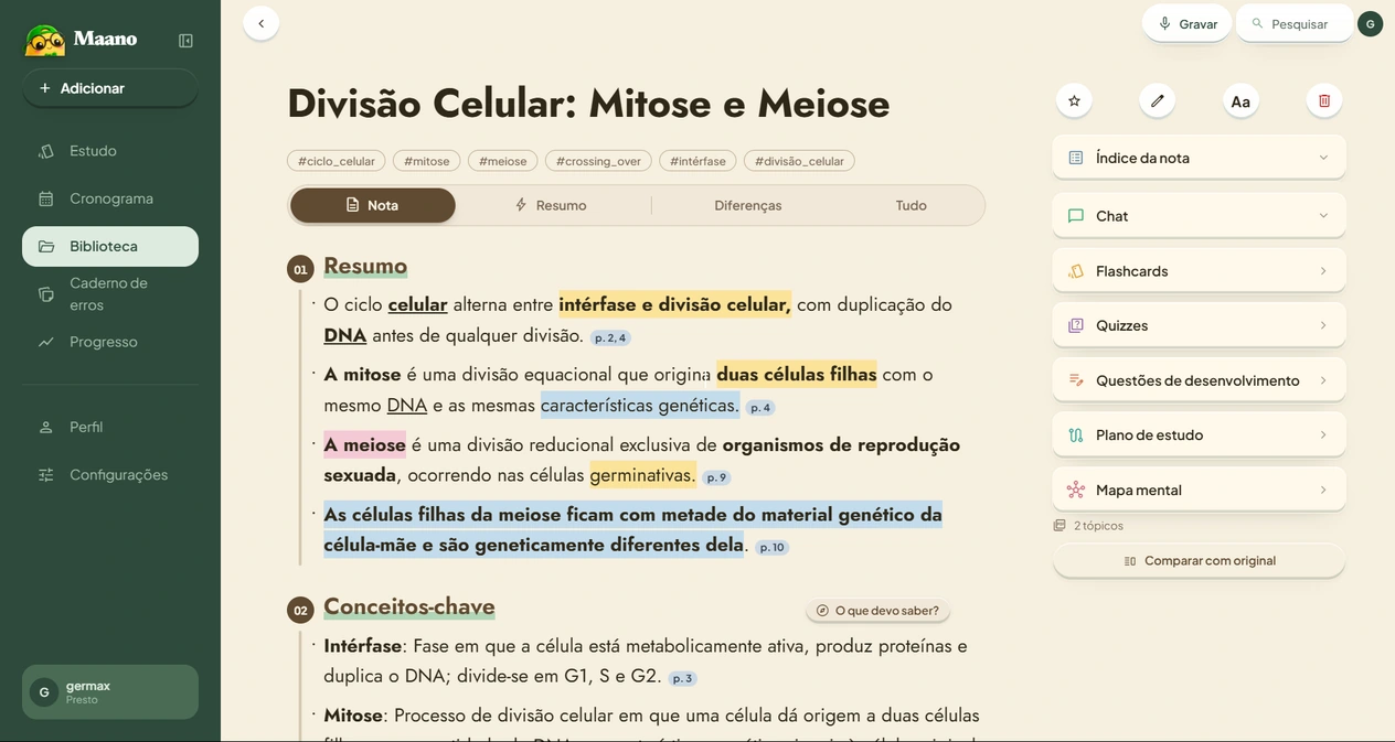O Bonelim no computador: uma anotação pronta sobre divisão celular, com trechos realçados e os atalhos para flashcards, quizzes e mapa mental.
