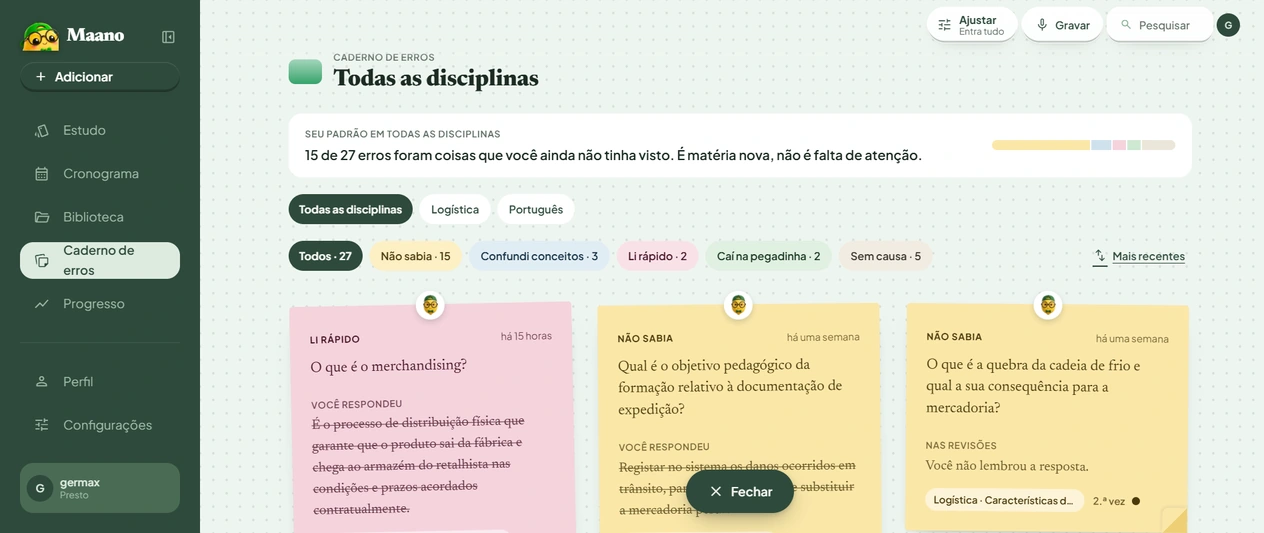 O Bonelim no computador: o caderno de erros de todas as disciplinas, com um cartão por erro e o motivo de cada um.